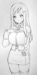 Rule 34 | 1girl, blush, breasts, closed mouth, greyscale, hair ornament, hairclip, long hair, looking at viewer, monochrome, murata tefu, pencil skirt, simple background, skirt, smile, solo, sophia esteed, star ocean, star ocean till the end of time, thighhighs, white background