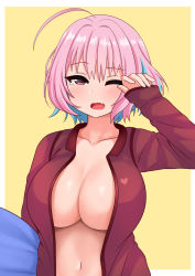 Rule 34 | 1girl, absurdres, ahoge, blue hair, blush, breasts, cleavage, collarbone, commentary, english commentary, fang, hair intakes, half-closed eye, hand up, heart, heart print, highres, holding, idolmaster, idolmaster cinderella girls, large breasts, long sleeves, looking at viewer, multicolored hair, navel, no bra, one eye closed, open mouth, open pajamas, pajamas, pillow, pink hair, red pajamas, shiny skin, short hair, simple background, skin fang, sleeves past wrists, solo, the only shoe, two-tone hair, upper body, yumemi riamu