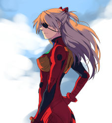 Rule 34 | 10s, 1girl, ass, blue eyes, bodysuit, bracer, breasts, closed mouth, cloud, cowboy shot, day, evangelion: 3.0 you can (not) redo, eyepatch, from side, frown, gloves, hand on own hip, headgear, long hair, looking to the side, medium breasts, neon genesis evangelion, orange hair, outdoors, pilot suit, plugsuit, profile, rebuild of evangelion, serious, sky, solo, souryuu asuka langley, standing, tape, turtleneck, two side up, xxing