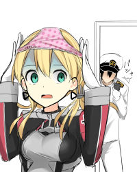 Rule 34 | 10s, 1boy, 1girl, admiral (kancolle), anchor hair ornament, blonde hair, camera phone, caught, cellphone, clothes writing, cross, empty eyes, faceless, faceless male, gloom (expression), gloves, green eyes, hair ornament, hat, highres, iron cross, kantai collection, long sleeves, max melon, military, military uniform, naval uniform, object on head, panties, panties on head, peaked cap, phone, pink panties, polka dot, polka dot panties, prinz eugen (kancolle), smartphone, taking picture, turn pale, twintails, underwear, uniform, white gloves