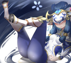 Rule 34 | 1girl, absurdres, ass, blue hair, blue pantyhose, blue shirt, blush, breasts, closed mouth, cum, cum on body, cum on feet, eye mask, female focus, from side, gem, grey background, heart, highres, hooves, kindred (league of legends), lamb (league of legends), league of legends, legs up, long hair, long sleeves, mask, medium breasts, pantyhose, porcelain kindred, shirt, smile, solo, white background, white shirt, yandere rabbit