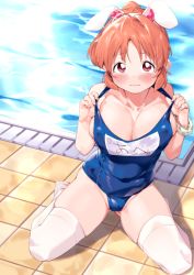 Rule 34 | 1girl, abe nana, animal ears, blue one-piece swimsuit, blush, breasts, cleavage, collarbone, gluteal fold, groin, idolmaster, idolmaster cinderella girls, kneeling, large breasts, light smile, looking at viewer, menea, name tag, old school swimsuit, one-piece swimsuit, orange hair, ponytail, pool, poolside, rabbit ears, school swimsuit, skin tight, skindentation, solo, swimsuit, swimsuit tug, thighhighs, white thighhighs