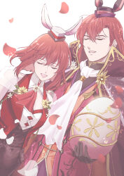 Rule 34 | 1boy, 1girl, brother and sister, closed eyes, coat, easter egg, egg, fire emblem, fire emblem: mystery of the emblem, fire emblem heroes, hair between eyes, hat, highres, holding, holding egg, leotard, michalis (fire emblem), michalis (spring) (fire emblem), minerva (fire emblem), minerva (spring) (fire emblem), mini hat, neckerchief, nintendo, official alternate costume, open clothes, open coat, open mouth, open vest, playboy bunny, red hair, red neckerchief, red vest, siblings, teeth, upper teeth only, vest, white background, yori ilrosso