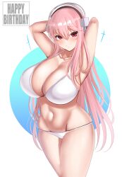 Rule 34 | 1girl, arms up, bikini, blush, breasts, cleavage, collarbone, commentary, curvy, english commentary, groin, hair between eyes, happy birthday, headphones, highres, huge breasts, long hair, looking at viewer, navel, nitroplus, pink hair, raised eyebrows, red eyes, smile, solo, stomach, super sonico, swimsuit, teeth, tf cafe, thighs, white background, white bikini