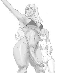Rule 34 | 2girls, absurdres, arm up, bikini, breasts, creejo, elf, futa with female, futanari, height difference, highres, huge breasts, large penis, long hair, looking at viewer, medium breasts, monochrome, multiple girls, muscular, muscular female, one eye closed, open mouth, orc, original, penis, pointy ears, simple background, size difference, smile, swimsuit, testicles, veins, veiny penis, white background