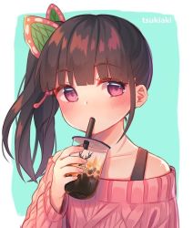 Rule 34 | 1girl, black hair, blunt bangs, bubble tea, butterfly hair ornament, collarbone, commentary, cup, disposable cup, drinking, drinking straw, hair ornament, holding, holding cup, kimetsu no yaiba, looking at viewer, off-shoulder sweater, off shoulder, pink eyes, pink sweater, ribbed sweater, side ponytail, solo, strap, sweater, tsukiaki teriyaki, tsuyuri kanao, upper body