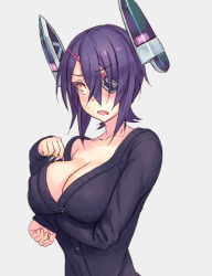 Rule 34 | 10s, 1girl, :o, blush, breast hold, breasts, cardigan, cleavage, collarbone, colored eyelashes, eyebrows, eyepatch, fang, grey background, hair between eyes, headgear, kantai collection, large breasts, long sleeves, looking at viewer, looking away, looking to the side, no bra, one eye covered, purple hair, short hair, sleeves past wrists, solo, tenryuu (kancolle), underwear, yellow eyes, yuuji (and)