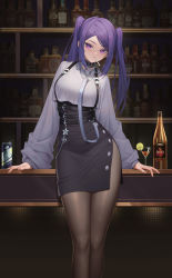 Rule 34 | 1girl, absurdres, adapted costume, bar (place), bartender, belt, black collar, bottle, brown pantyhose, can, cigarette, closed mouth, collar, commentary, cup, drink, drinking glass, english commentary, feet out of frame, food, fruit, grey shirt, heart, high-waist skirt, highres, indoors, jill stingray, lime (fruit), lips, long hair, long sleeves, looking at viewer, loose clothes, loose shirt, nail polish, pantyhose, puffy sleeves, purple hair, shelf, shirt, side slit, skirt, solo, star (symbol), suspenders, twintails, underbust, va-11 hall-a, xzu