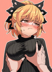Rule 34 | 1girl, absurdres, alternate costume, black bow, black sweater, blonde hair, blush, bow, breasts, closed mouth, commentary request, fuuzasa, grabbing, grabbing another&#039;s breast, hair bow, highres, kurodani yamame, large breasts, pink background, polka dot, polka dot background, ponytail, pov, pov hands, ribbed sweater, short hair, solo, sweater, touhou, turtleneck, turtleneck sweater, yellow eyes
