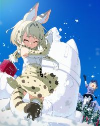 Rule 34 | 10s, 2girls, animal ears, black hair, blonde hair, bow, bowtie, commentary request, common raccoon (kemono friends), elbow gloves, extra ears, closed eyes, fur trim, gloves, grey hair, kemono friends, lucky beast (kemono friends), mailbox, mountain, multicolored hair, multiple girls, open mouth, pantyhose, pine tree, puffy short sleeves, puffy sleeves, raccoon tail, serval (kemono friends), serval print, serval tail, short sleeves, snow sculpture, snowball, snowball fight, spotted hair, tail, thighhighs, tomato (lsj44867), tree, two-tone hair, white legwear