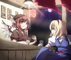 Rule 34 | 2girls, alcohol, alice margatroid, aya shachou, bad id, bad pixiv id, blonde hair, bottle, drink, eye contact, female focus, food stand, grill, hat, japanese clothes, looking at another, multiple girls, mystia lorelei, okamisty, pink hair, ribbon, short hair, tasuki, touhou, wings