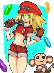 Rule 34 | 1girl, bare legs, blonde hair, breasts, capcom, dakusuta, gloves, green eyes, hair between eyes, hat, highres, legs together, mega man (series), mega man legends (series), monkey, open mouth, red hat, red shorts, roll caskett (mega man), short shorts, short sleeves, shorts, small breasts, smile, solo focus, spiked hair, underboob, wrench