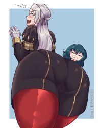 Rule 34 | 2girls, absurdres, artist name, ass, ass focus, blush, byleth (female) (fire emblem), byleth (fire emblem), cameltoe, edelgard von hresvelg, embarrassed, fang, fire emblem, fire emblem: three houses, from behind, green hair, highres, huge ass, long hair, looking back, looking down, mini person, minigirl, multiple girls, nintendo, open mouth, pantyhose, pantyhose under shorts, purple eyes, shiny clothes, short hair, shorts, sire angelo, smile, troll face, very long hair, white hair
