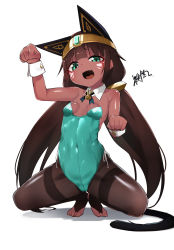 Rule 34 | 1girl, animal ears, aqua eyes, aqua leotard, aquamarine (gemstone), bare shoulders, breasts, bridal legwear, brown hair, cat ears, cat tail, circlet, covered navel, dai yasude, dark-skinned female, dark skin, detached collar, egyptian, facial mark, fang, full body, highres, leotard, long hair, looking at viewer, low twintails, open mouth, original, pantyhose, paw pose, playboy bunny, small breasts, smile, solo, squatting, strapless, strapless leotard, suezu-chan, tail, toes, twintails, very long hair, wrist cuffs