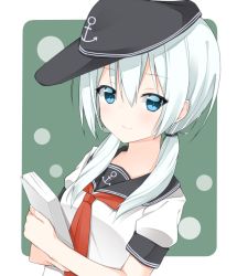 Rule 34 | 10s, 1girl, alternate hairstyle, anchor symbol, blue eyes, book, commentary request, eyebrows, flat cap, hair over shoulder, hat, hibiki (kancolle), kantai collection, light smile, long hair, looking at viewer, necktie, rateratte, red necktie, school uniform, serafuku, short twintails, silver hair, solo, twintails, upper body