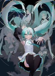 Rule 34 | 1girl, absurdres, aqua eyes, aqua hair, aqua necktie, arm up, bare shoulders, black skirt, black thighhighs, blush, boots, closed mouth, collared shirt, commentary, detached sleeves, floating, floating hair, hair between eyes, hatsune miku, highres, long hair, long sleeves, looking at viewer, multiple views, necktie, pleated skirt, pye yyy, reaching, reaching towards viewer, shirt, skirt, sleeveless, sleeveless shirt, smile, thigh boots, thighhighs, tie clip, twintails, very long hair, vocaloid, white shirt