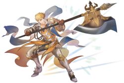 Rule 34 | 1boy, 700hash, absurdres, armor, armored boots, artist name, axe, black pants, black shirt, blonde hair, boots, brown gloves, gloves, granblue fantasy, highres, holding, holding axe, holding weapon, male focus, pants, pauldrons, shirt, short hair, shoulder armor, simple background, single pauldron, smile, solo, vane (granblue fantasy), weapon, white background