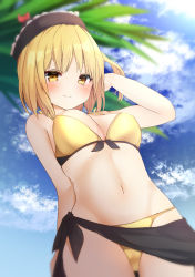 Rule 34 | 1girl, arm up, bare shoulders, bikini, black hat, blonde hair, blue sky, blurry, blurry background, breasts, closed mouth, cloud, cowboy shot, crescent, day, hat, highres, karasusou nano, light smile, looking at viewer, lunasa prismriver, medium breasts, medium hair, navel, outdoors, palm tree, sarong, sky, solo, stomach, summer, swimsuit, touhou, tree, yellow bikini, yellow eyes