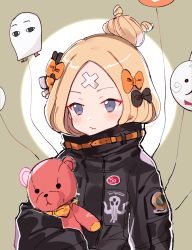 Rule 34 | 1girl, abigail williams (fate), abigail williams (traveling outfit) (fate), alternate hairstyle, artist request, bad id, bad pixiv id, balloon, belt, black bow, black jacket, blonde hair, blue eyes, blush, bow, closed mouth, fate/grand order, fate (series), forehead, fou (fate), hair bow, hair bun, high collar, holding, holding stuffed toy, jacket, long hair, medjed (fate), official alternate costume, orange bow, parted bangs, puffy cheeks, single hair bun, sleeves past fingers, sleeves past wrists, solo, stuffed animal, stuffed toy, teddy bear