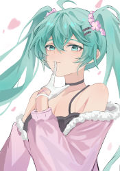 Rule 34 | 1girl, absurdres, ahoge, bare shoulders, black choker, black shirt, breasts, choker, cleavage, closed mouth, gloves, green eyes, green hair, hair ornament, hatsune miku, highres, jacket, long hair, long sleeves, looking at viewer, off shoulder, petals, pink jacket, shiba257, shirt, simple background, smile, solo, twintails, upper body, vocaloid, white background, white gloves