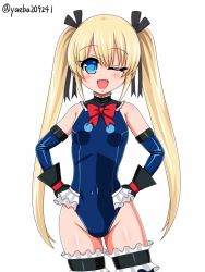 Rule 34 | 1girl, black ribbon, blonde hair, blue eyes, blue leotard, blue one-piece swimsuit, breasts, dead or alive, dead or alive 5, frilled leotard, frilled thighhighs, frills, hair ornament, hair ribbon, hands on own hips, leotard, looking at viewer, marie rose, one-piece swimsuit, one eye closed, ribbon, simple background, small breasts, smile, solo, standing, swimsuit, thighhighs, twintails, twitter username, white background, x hair ornament, yaeba