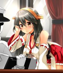 Rule 34 | 10s, 1boy, 1girl, admiral (kancolle), bent over, black hair, blush, breasts, brown eyes, brown hair, cleavage, curtains, desk, detached sleeves, gloves, hair ornament, hairband, hairclip, haruna (kancolle), hat, headgear, heart lock (kantai collection), highres, holding, indoors, kantai collection, large breasts, leaning forward, long hair, looking at another, military, military uniform, nontraditional miko, parted lips, peaked cap, pointing, sitting, skirt, translated, tsukui kachou, uniform, white gloves, window