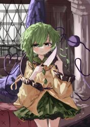 Rule 34 | 1girl, absurdres, blood, closed mouth, commentary, cowboy shot, curtains, cutting hair, english commentary, green skirt, hair between eyes, heart, heart of string, highres, holding kknife, indoors, knife, komeiji koishi, long sleeves, looking at viewer, ougiikun, shirt, skirt, smile, solo, standing, third eye, touhou, window, yellow shirt