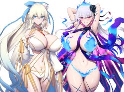 Rule 34 | 2girls, armpits, arms behind head, arms up, bare shoulders, bikini, blue eyes, blue fire, blue hair, blush, body markings, bracelet, braid, breasts, cleavage, colored inner hair, detached sleeves, earrings, fate/grand order, fate (series), fire, flower, french braid, gold trim, gradient hair, grin, hair flower, hair ornament, hair ribbon, highres, jewelry, kama (fate), kama (swimsuit avenger) (fate), kama (swimsuit avenger) (third ascension) (fate), large breasts, long hair, long sleeves, looking at viewer, morgan le fay (fate), morgan le fay (water princess) (fate), multicolored hair, multiple girls, nail polish, navel, ponytail, puffy long sleeves, puffy sleeves, red eyes, revealing clothes, ribbon, shiroshisu, sidelocks, smile, star (symbol), star earrings, swimsuit, thighs, twin braids, two-tone hair, very long hair, white bikini, white hair