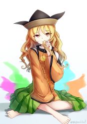 Rule 34 | 1girl, barefoot, black hat, blonde hair, brown hat, cape, closed mouth, detached sleeves, energy, eyes visible through hair, floor, green skirt, hair between eyes, hand up, hat, highres, long hair, long sleeves, matara okina, orange cape, orange sleeves, shadow, shirt, signature, simple background, sitting, skirt, smile, solo, sun symbol, teeth, touhou, white background, white shirt, yellow eyes, yu cha