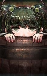 Rule 34 | 1girl, blush, bucket, commentary request, face, green eyes, green hair, hair bobbles, hair ornament, hiding, highres, in bucket, in container, japanese clothes, khn (kihana), kimono, kisume, looking at viewer, short hair, solo, touhou, two side up, white kimono, wooden bucket