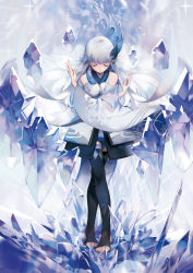 Rule 34 | 1girl, bare shoulders, black legwear, blue hair, blue nails, blue theme, blurry, blurry background, bowing, crossed arms, crossed legs, detached sleeves, diamond (shape), facing viewer, floating, floating hair, floating object, full body, hair ornament, highres, ice, japanese clothes, kimono, long hair, malu, nail polish, onmyoji, photoshop (medium), pom pom (clothes), short kimono, solo, standing, stirrup legwear, toeless legwear, toenail polish, toenails, white hair, white kimono, yuki onna, yuki onna (ring dream)