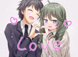 Rule 34 | 1boy, 1girl, :d, @ @, ^ ^, ahoge, black hair, black jacket, black necktie, blue eyes, braid, brown cardigan, cardigan, closed eyes, collared shirt, commentary request, english text, face filter, green hair, green necktie, grey background, hair over shoulder, heart, heart hands, heart hands duo, highres, jacket, long hair, low twintails, necktie, nenosame, open mouth, princess connect!, school uniform, shirt, simple background, smile, twin braids, twintails, upper body, white shirt, yuni (princess connect!), yuni (real) (princess connect!), yuuki (princess connect!)