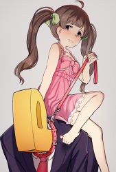 Rule 34 | 1girl, 1other, bare arms, bare shoulders, black jacket, bow, brown eyes, brown hair, collar, collared shirt, crossed legs, dress, femdom, formal, frilled dress, frills, green bow, grey background, hair bow, hakozaki serika, hand up, holding, holding leash, idolmaster, idolmaster million live!, jacket, leash, long hair, necktie, p-head producer, pink bow, pink dress, producer (idolmaster), red collar, red neckwear, shirt, simple background, sitting, sitting on person, sleeveless, sleeveless dress, suit, suzuki puramo, twintails, white shirt