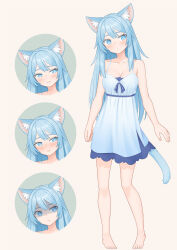 Rule 34 | 1girl, absurdres, animal ear fluff, animal ears, barefoot, blue dress, blue eyes, blue hair, blush, breasts, cat ears, cat girl, cat tail, dress, expressionless, expressions, full body, highres, large breasts, long hair, mao lian (nekokao), original, shaded face, short dress, simple background, sleeveless, sleeveless dress, standing, tail