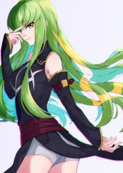 Rule 34 | 1girl, absurdres, ayanue, black sleeves, breasts, c.c., chromatic aberration, code geass, cowboy shot, detached sleeves, floating hair, from side, green hair, grin, hair between eyes, highres, long hair, long sleeves, looking at viewer, medium breasts, short shorts, shorts, smile, solo, standing, very long hair, white shorts, yellow eyes