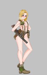 Rule 34 | 1girl, absurdres, ankle boots, areola slip, blonde hair, blue eyes, blush, boots, breasts, brown footwear, carrying, cleavage, clenched hand, commentary, cross-laced footwear, english commentary, frown, full body, german army, glaring, gloves, green gloves, grey background, grimace, gun, hand on own hip, harness, heel up, highres, looking at viewer, machine gun, medium breasts, medium hair, mp28, nude, original, simple background, solo, standing, steam, submachine gun, weapon, weapon request, world war ii, yellow chease