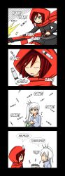 Rule 34 | 2girls, 4koma, bullet, cloak, closed eyes, comic, dollar sign, english text, highres, hood, hooded cloak, long sleeves, lunarisaileron, multiple girls, recycling, red hair, ruby rose, rwby, shell casing, simple background, smile, upper body, weiss schnee, white background, white hair