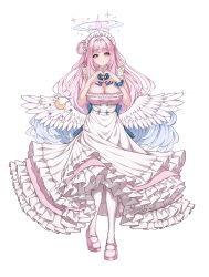 Rule 34 | 1girl, absurdres, alternate costume, angel wings, apron, blue archive, blush, breasts, cleavage, closed mouth, crescent, crescent pin, detached collar, dress, enmaided, feathered wings, frilled apron, frilled dress, frills, full body, hair bun, halo, highres, large breasts, long hair, maid, maid headdress, mika (blue archive), pantyhose, pink dress, pink footwear, pink hair, pink halo, popcat (jung5u), shoes, simple background, single side bun, smile, solo, white apron, white background, white pantyhose, white wings, wings, yellow eyes