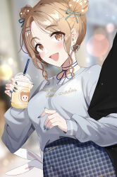 Rule 34 | 1boy, 1girl, absurdres, arm hug, blurry, blurry background, blush, bokeh, breasts, cup, depth of field, disposable cup, double bun, earrings, fingerless gloves, gawawawa, gloves, grey shirt, hair bun, hair ribbon, heart, heart earrings, hetero, highres, holding, holding cup, ichikawa hinana, idolmaster, idolmaster shiny colors, jewelry, light brown hair, looking at viewer, medium breasts, nail polish, outdoors, parted bangs, patterned clothing, pov, pov hands, producer (idolmaster), ribbon, shirt, wavy hair