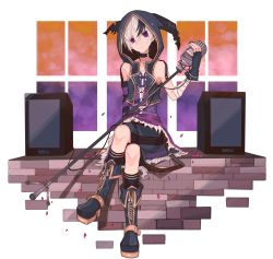 Rule 34 | 1girl, androgynous, arm support, bare shoulders, black gloves, black nails, boots, cross-laced footwear, crossed legs, fingerless gloves, flower (vocaloid), flower (vocaloid4), full body, gloves, highres, lace-up boots, looking at viewer, miwasiba, multicolored hair, nail polish, official art, petals, purple eyes, shorts, transparent background, two-tone hair, vest, vocaloid, white hair