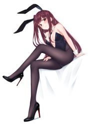 Rule 34 | 1girl, absurdres, animal ears, bare shoulders, black pantyhose, blush, breasts, cleavage, closed mouth, coffeedog, collarbone, commentary, detached collar, fake animal ears, full body, girls&#039; frontline, high heels, highres, leotard, long hair, looking at viewer, medium breasts, one side up, pantyhose, playboy bunny, pumps, purple hair, rabbit ears, red eyes, shoes, simple background, sitting, solo, stiletto heels, wa2000 (girls&#039; frontline), white background, wrist cuffs