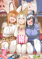 Rule 34 | &gt; &lt;, 10s, 3girls, alternate breast size, alternate hair length, alternate hairstyle, animal ear fluff, animal ears, bare shoulders, bespectacled, black gloves, black hair, black skirt, blonde hair, blu-ray, bow, bowtie, breasts, bucket, common raccoon (kemono friends), controller, crying, crying with eyes open, drinking straw, elbow gloves, fennec (kemono friends), food, fox ears, fur collar, girl sandwich, glasses, gloves, grey hair, hayashi (l8poushou), highres, holding another&#039;s arm, indoors, kemono friends, king crimson, large breasts, multicolored hair, multiple girls, open mouth, pantyhose, pleated skirt, popcorn, print gloves, print legwear, print neckwear, print skirt, raccoon ears, raccoon tail, remote control, rimless eyewear, sandwiched, serval (kemono friends), serval print, serval tail, short hair, sitting, skirt, table, tail, tears, thighhighs