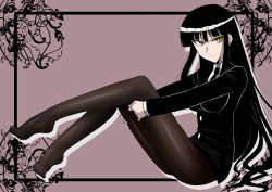 Rule 34 | 1girl, black hair, feet, female protagonist (houkago play), formal, houkago play, necktie, pantyhose, solo, suit, toes, yellow eyes, zerosu (take out)