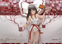 Rule 34 | 1girl, alternate costume, bare legs, black hair, blood, blood bag, bow, closed eyes, detached sleeves, diao (nrays), feet out of frame, frills, gohei, hair bow, hair tubes, hakurei reimu, holding, holding stick, huge bow, long hair, see-through, see-through sleeves, solo, stick, touhou, white bow