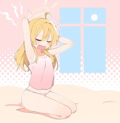 Rule 34 | 1girl, ahoge, armpits, arms behind head, ass, barefoot, blonde hair, blue archive, blush, camisole, closed eyes, hair between eyes, halo, highres, long hair, luke (dydansgur), open mouth, panties, pink camisole, seiza, sitting, solo, underwear, white panties, yellow halo, yoshimi (blue archive)