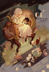 Rule 34 | 2girls, animal ears, apron, barefoot, candle, candlelight, carpet, deer head, dress, english text, expressionless, grey hair, highres, holding, holding candle, holding lantern, lantern, long hair, magenaiman3, mouse ears, mouse girl, mouse tail, multiple girls, neck ribbon, original, petals, ribbon, short hair, sitting, tail, translation request, trophy head, white apron, white dress, white hair