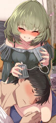 Rule 34 | 1boy, 1girl, ^ ^, absurdres, bare shoulders, black hair, blush, bottle, breasts, cable, cleavage, closed eyes, commentary request, cup, green hair, grin, highres, holding, holding cup, idolmaster, idolmaster cinderella girls, lap pillow, medium breasts, mole, mole under eye, morino shoutarou, musical note, producer (idolmaster), producer (idolmaster cinderella girls anime), seiza, sitting, smile, takagaki kaede