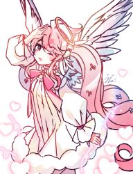 Rule 34 | 1girl, ahoge, arm up, blush, bow, character request, dress, elsword, feathered wings, fur-trimmed dress, fur trim, halo, heart, highres, laby (elsword), long hair, long sleeves, looking at viewer, low twintails, one eye closed, parted lips, pink hair, puffy long sleeves, puffy sleeves, red bow, signature, simple background, solo, teeth, twintails, upper teeth only, very long hair, white background, white wings, wings, xes (xes 5377)