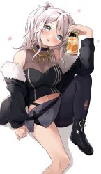 Rule 34 | 1girl, absurdres, animal ears, black footwear, black jacket, black pantyhose, black shirt, blush, boots, breasts, can, cleavage, commentary, drink, drunk, foot out of frame, fur-trimmed jacket, fur trim, grey eyes, hair between eyes, head tilt, highres, holding, holding can, hololive, jacket, jewelry, knee up, lion ears, lion girl, lion tail, long hair, looking at viewer, medium breasts, midriff, navel, necklace, off shoulder, open clothes, open jacket, open mouth, pantyhose, parted bangs, see-through, see-through cleavage, shirt, shishiro botan, shishiro botan (1st costume), silver hair, simple background, single leg pantyhose, sitting, solo, squeans, striped, tail, tate yukimi, taut clothes, taut shirt, thighs, torn clothes, torn pantyhose, vertical stripes, virtual youtuber, white background, zipper footwear