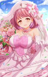 Rule 34 | 1girl, :d, bare shoulders, blue sky, breasts, brown eyes, cleavage, cloud, commentary request, day, dress, elbow gloves, flower, gloves, highres, hoshizaki akari, large breasts, looking at viewer, ongeki, open mouth, outdoors, pink flower, pink hair, pink rose, rose, skirt hold, sky, smile, solo, strapless, strapless dress, veil, wedding dress, white dress, white flower, white gloves, xenon (for achieve)
